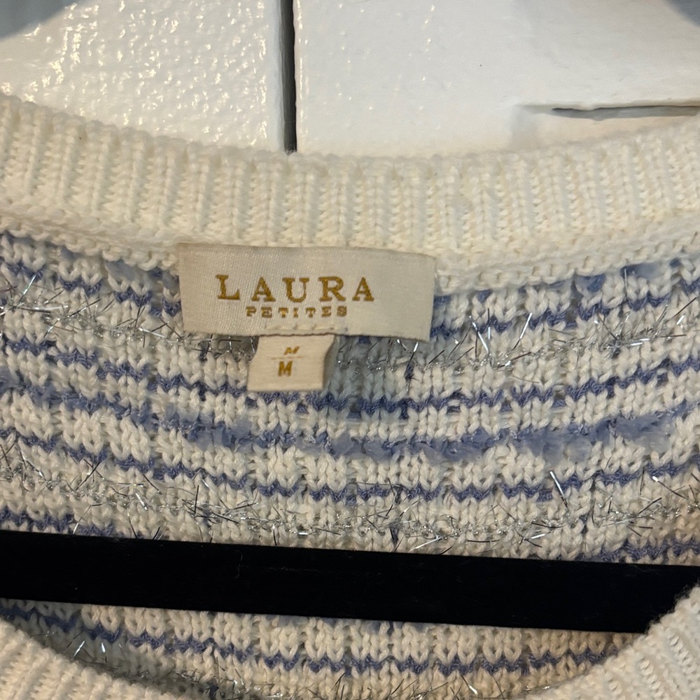 Laura Petites Blue & White Tweed Knit Sleeveless Top Chic Minimal Elegant - Picture 3 of 10
